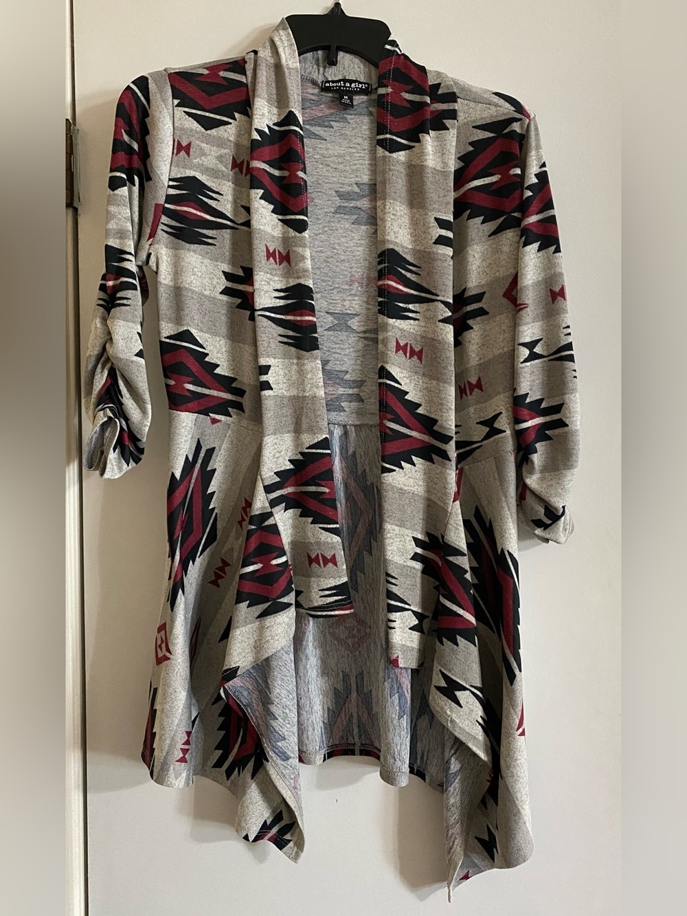 About a girl Open-Front Aztec Cardigan - Gray, Burgundy & Black